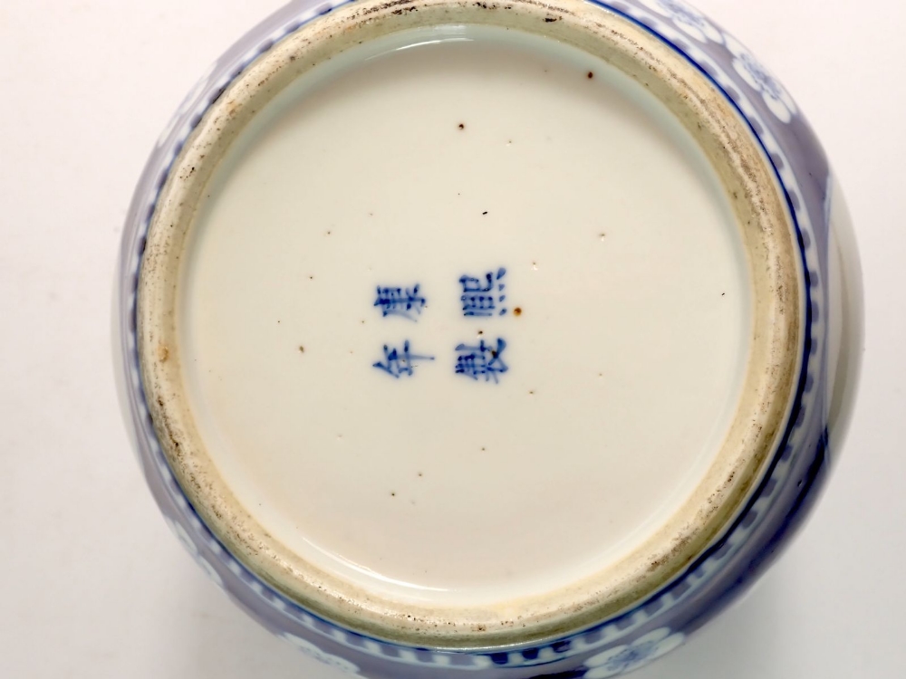 A late Qing Dynasty Chinese blue and white ginger jar with prusnus blossom and panelled - Image 4 of 5