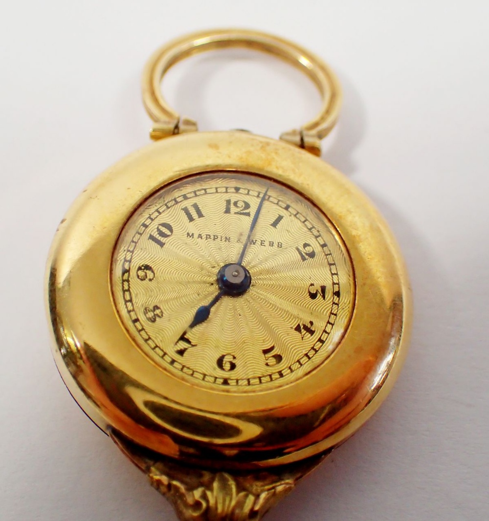A Mappin & Webb 15 carat gold lorgnette with watch to terminal, 17cm, 39g - Image 3 of 5