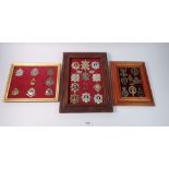 A framed display of eleven Royal Scots military cap badges etc with two other framed displays of