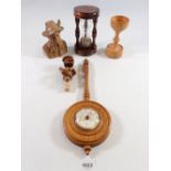 A wooden egg timer and various treen