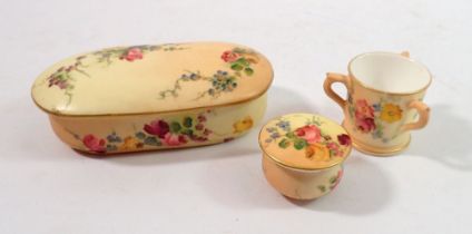 A Royal Worcester miniature tyg 3.2cm tall, a miniature pot and lid and a trinket pot, all painted