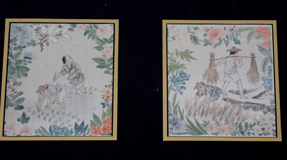 A set of three Chinese watercolours on silk paintings depicting rice farmers, framed as one, 15.5