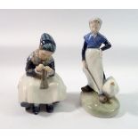 Two Copenhagen figures of goose girl and girl knitting, 18cm and 16cm tall