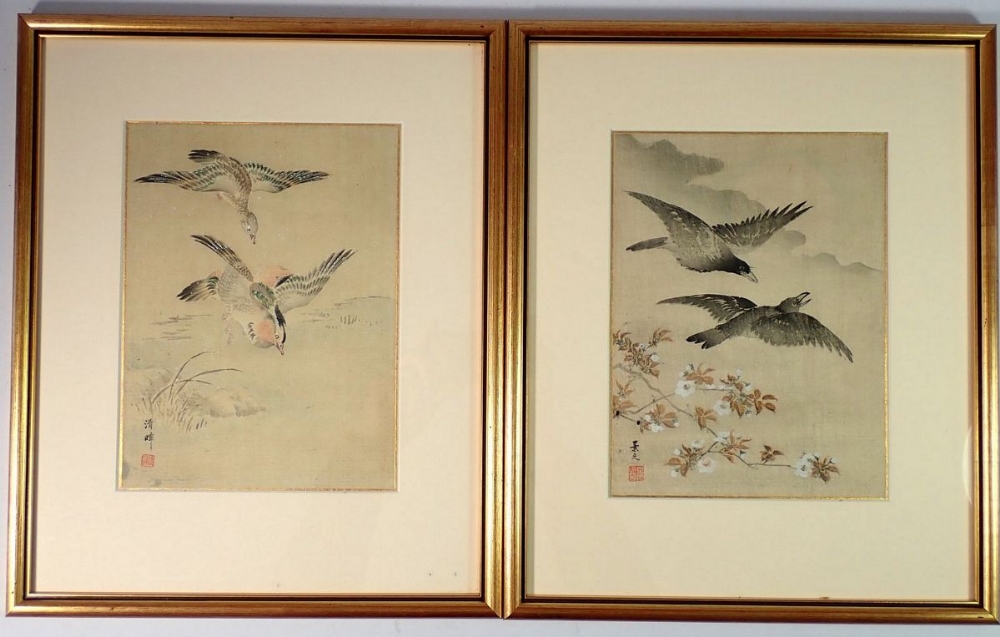 A pair of Japanese watercolours on silk of birds, 22 x 17cm