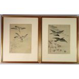 A pair of Japanese watercolours on silk of birds, 22 x 17cm
