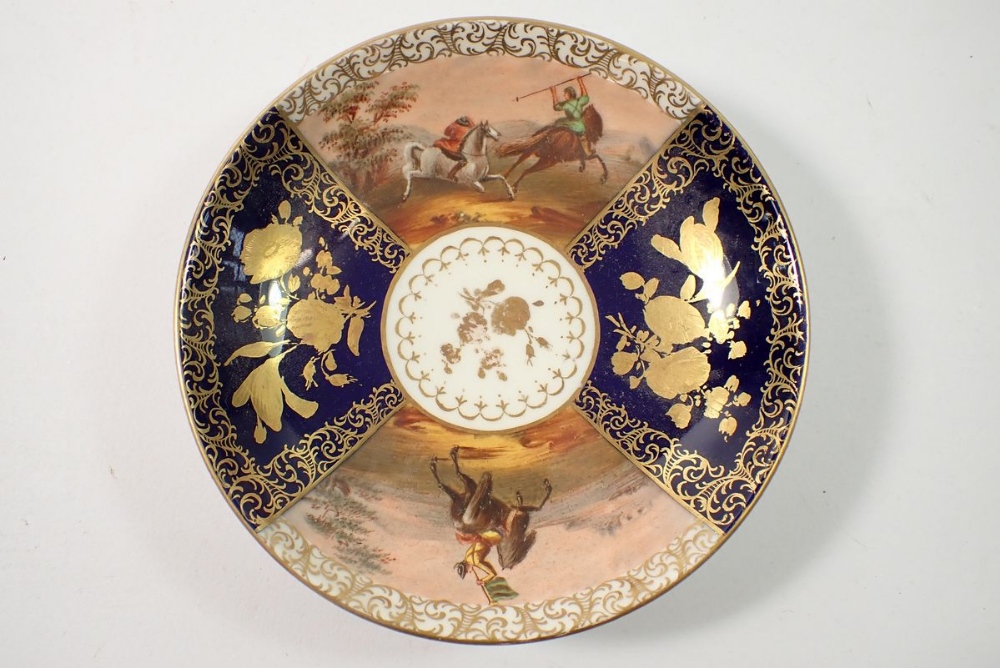 A Meissen cabinet cup painted scenes of men fighting on horseback alternating with blue and gilt - Image 2 of 7