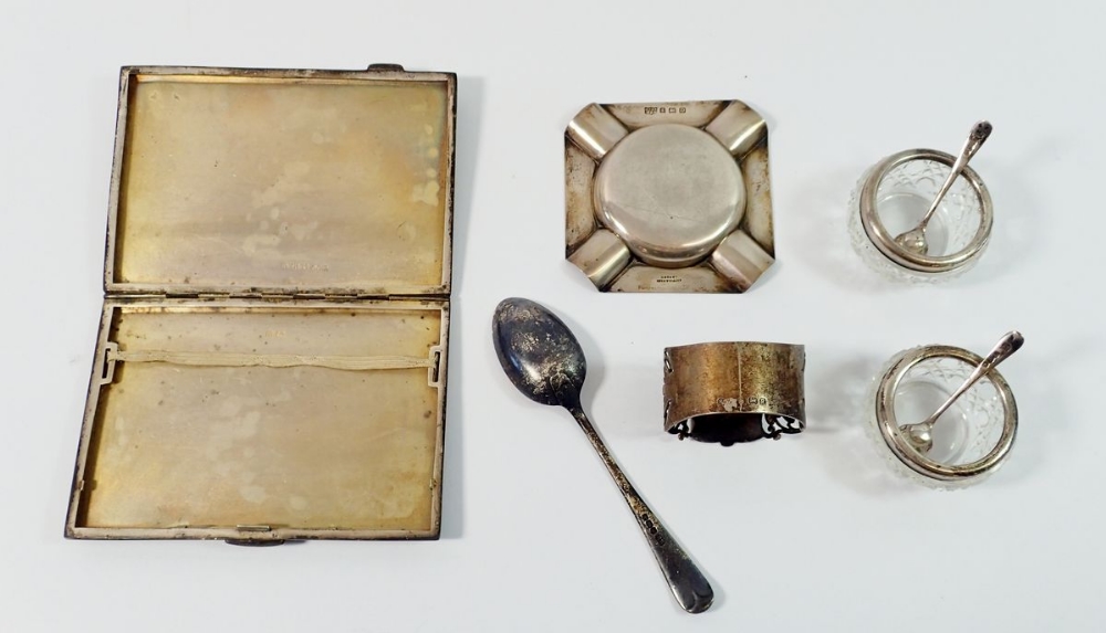 A group of silver including cigarette case, ash tray, teaspoon, napkin ring and pair of silver - Image 2 of 2