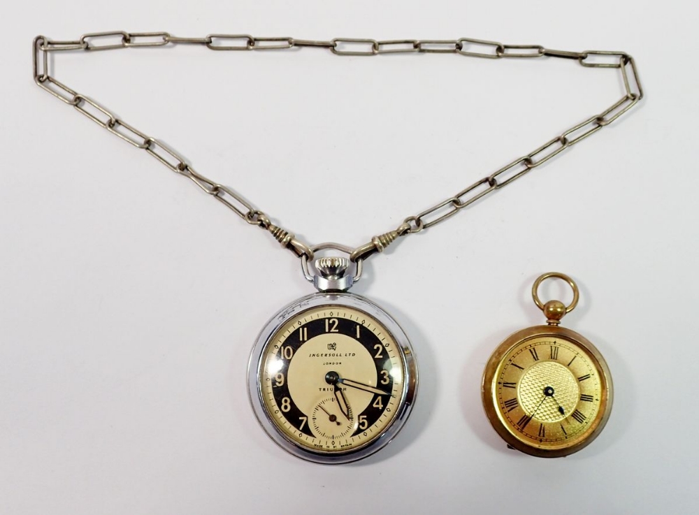 An Ingersoll Triumph pocket watch with chain plus a gold plated pocket watch