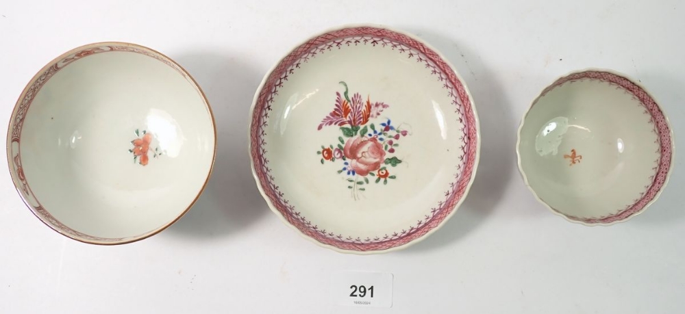 An 18th century export faille rose tea bowl - a/f and saucer with other bowl, 11cm diameter - Image 2 of 3