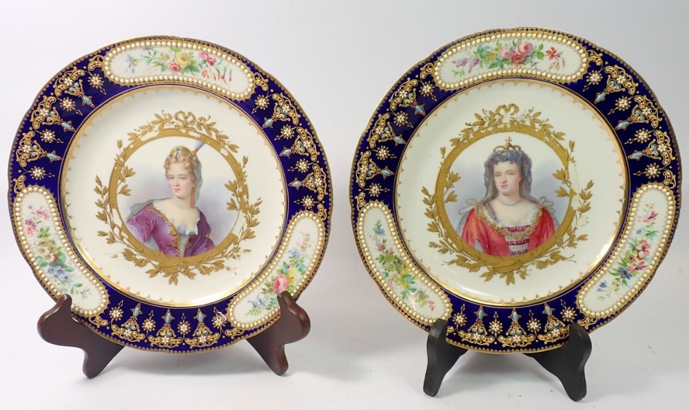 A pair of 19th century Sevres cabinet plates depicting Queen Anne of England and Duchess of Maine,