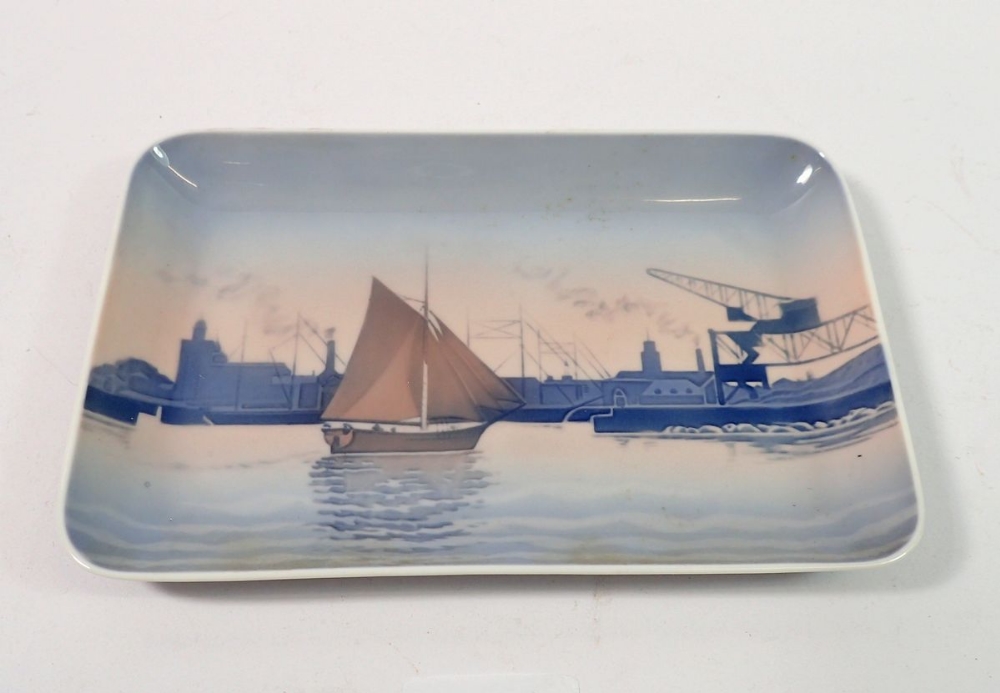 A Bing & Grondahl porcelain pin dish decorated Tuborg Harbour, 19cm wide