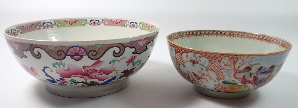 A Chinese 18th century famille rose fruit bowl painted peonies and a Canton one with figurative - Image 2 of 4