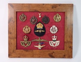 Eight RAF cap badges and five various RAF badges