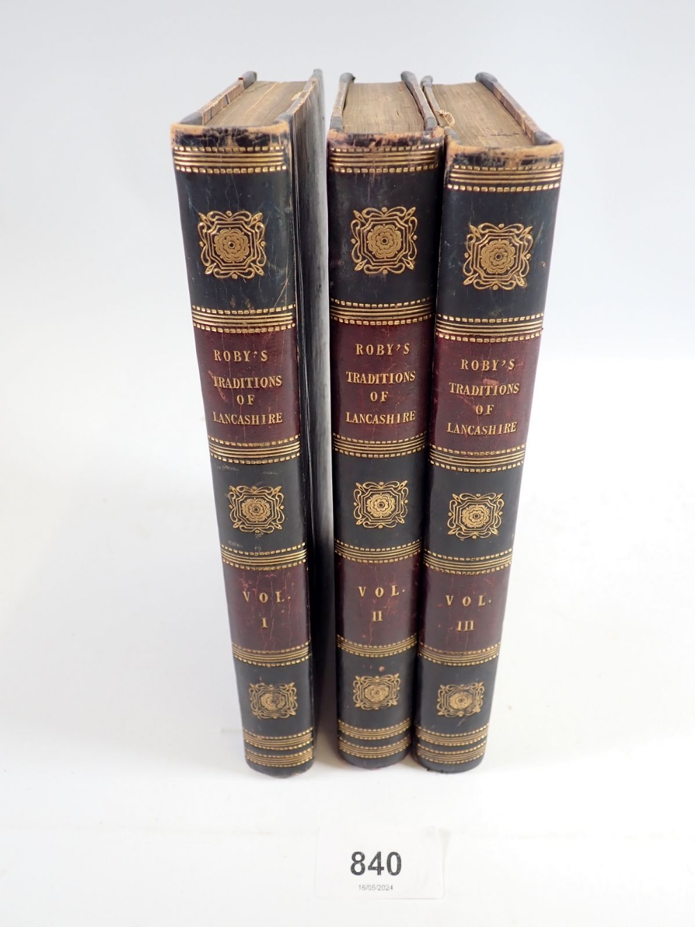 Popular Traditions of England by J Roby, Lancashire - three volumes with leather and marble