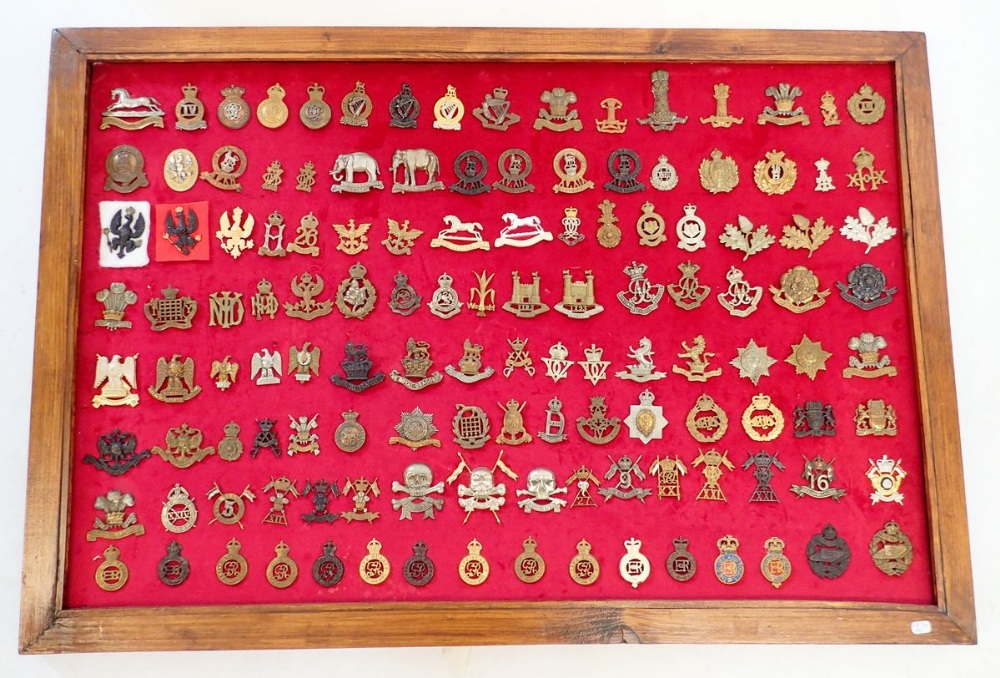 A framed display of one hundred and twenty eight military cap badges