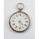 A silver Victorian fob watch with enamel dial