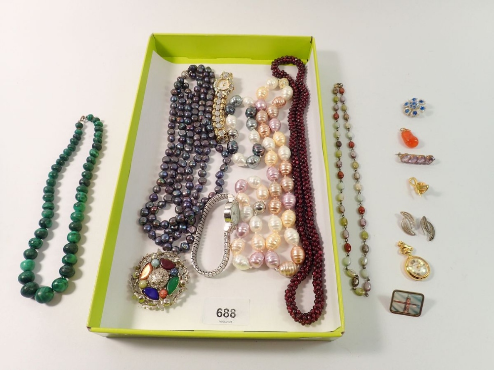 Various costume jewellery including garnet and malachite bead necklaces, watches etc