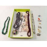 Various costume jewellery including garnet and malachite bead necklaces, watches etc