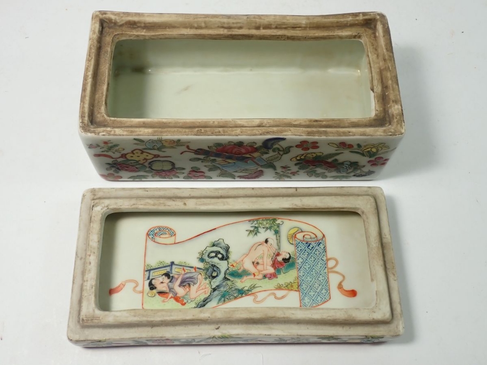 A Chinese 19th century Canton famille rose rectangular box and lid decorated court ladies and - Image 2 of 6