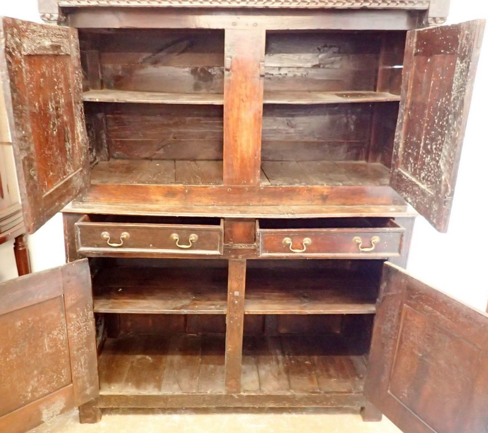 A 17th century oak court cupboard with two doors over drawers and two panelled cupboards, 140cm wide - Image 2 of 4