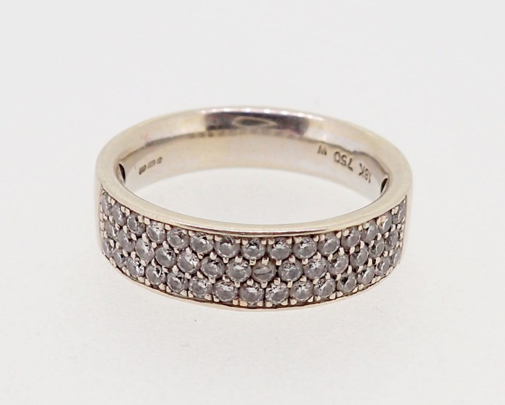 An 18 carat gold modern wide band ring set three rows of small diamonds, size H-I, 4.5g - Image 2 of 4