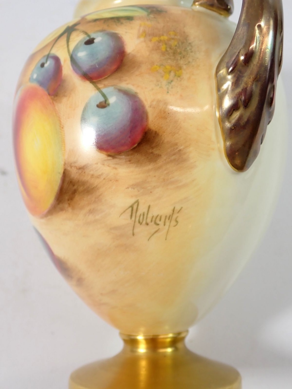 A Royal Worcester two handled urn form vase and cover painted fruit by Roberts, 17cm tall - Image 3 of 5