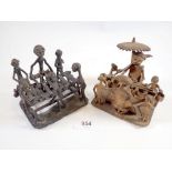 Two Ashanti/Akhan bronze tableaus cast as a king and queen playing mancala with attendants and a