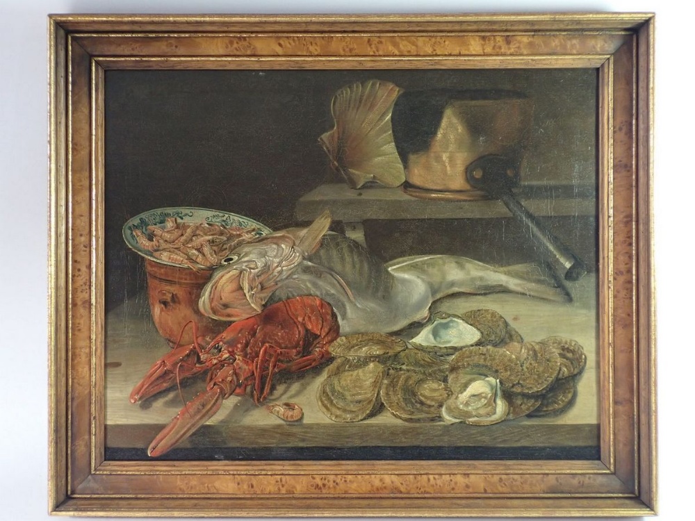 An oil on canvas still life seafood including lobster, oysters, prawns fish etc. with Kenulf Gallery