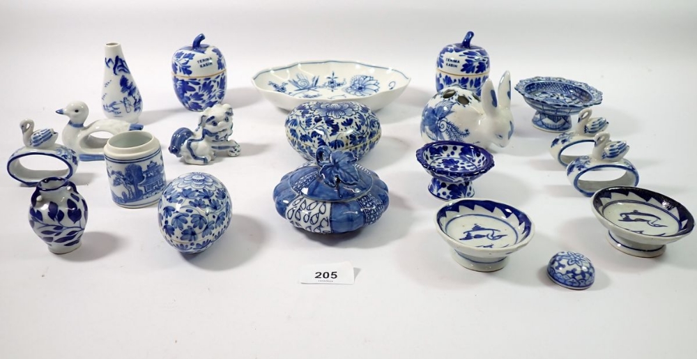 A collection of various blue and white china items including lidded bowls, small pedestal bowls, - Image 2 of 4