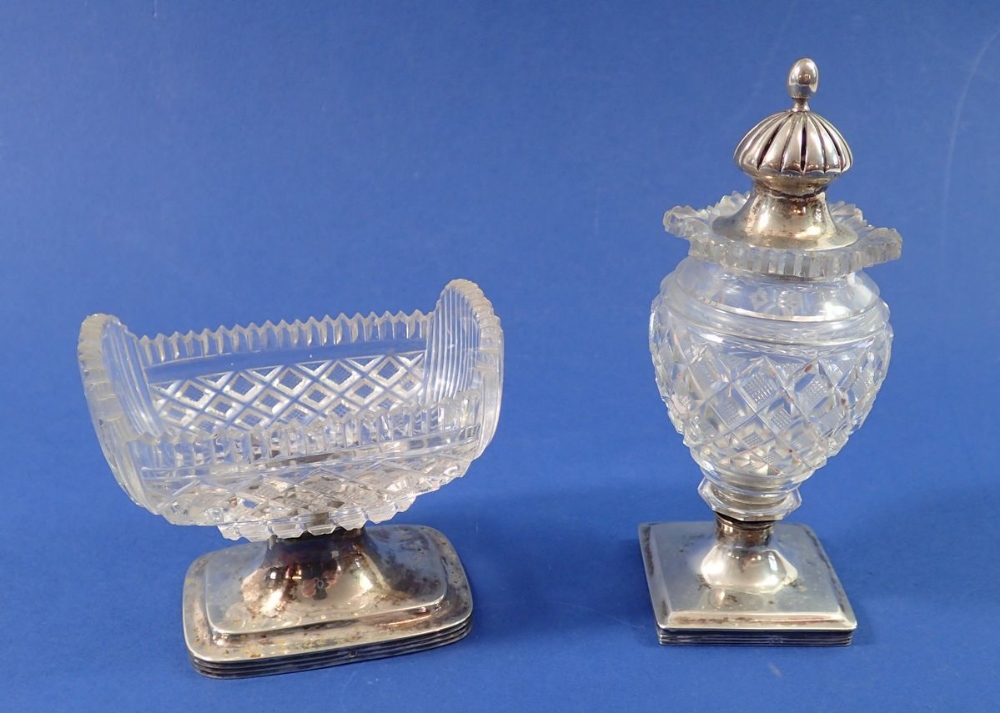 A cut glass silver salt and pepper with Dutch silver mounts, pepper 12cm tall