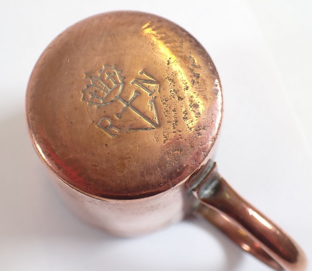 A copper Trench Art paperknife, a Royal Navy Copper measure with anchor mark to base and a glass - Image 2 of 4