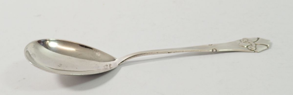 A Danish silver spoon with Art Nouveau style teriminal, Makers mark FC, 15cm long