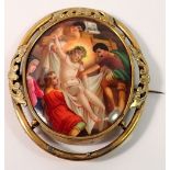 A Victorian pinchbeck brooch painted the Deposition of Christ, mount a/f