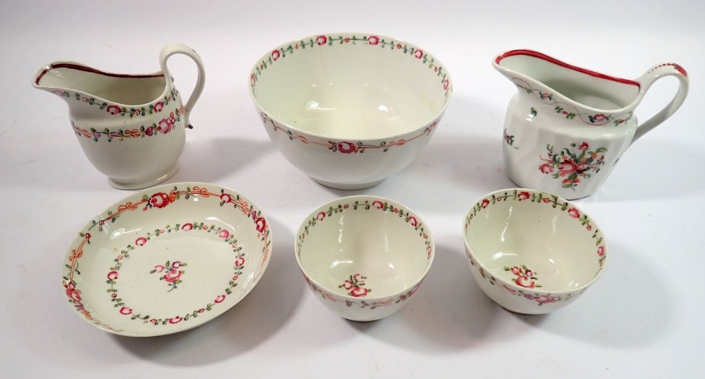 A late 18th century matching New Hall sugar bowl, jug, two tea bowls and saucer plus another jug