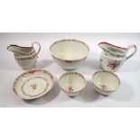 A late 18th century matching New Hall sugar bowl, jug, two tea bowls and saucer plus another jug