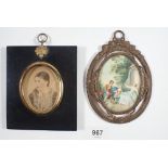 A tinted print miniature portrait in ebonised frame, 6.5 x 5.5cm and another miniature print in gilt