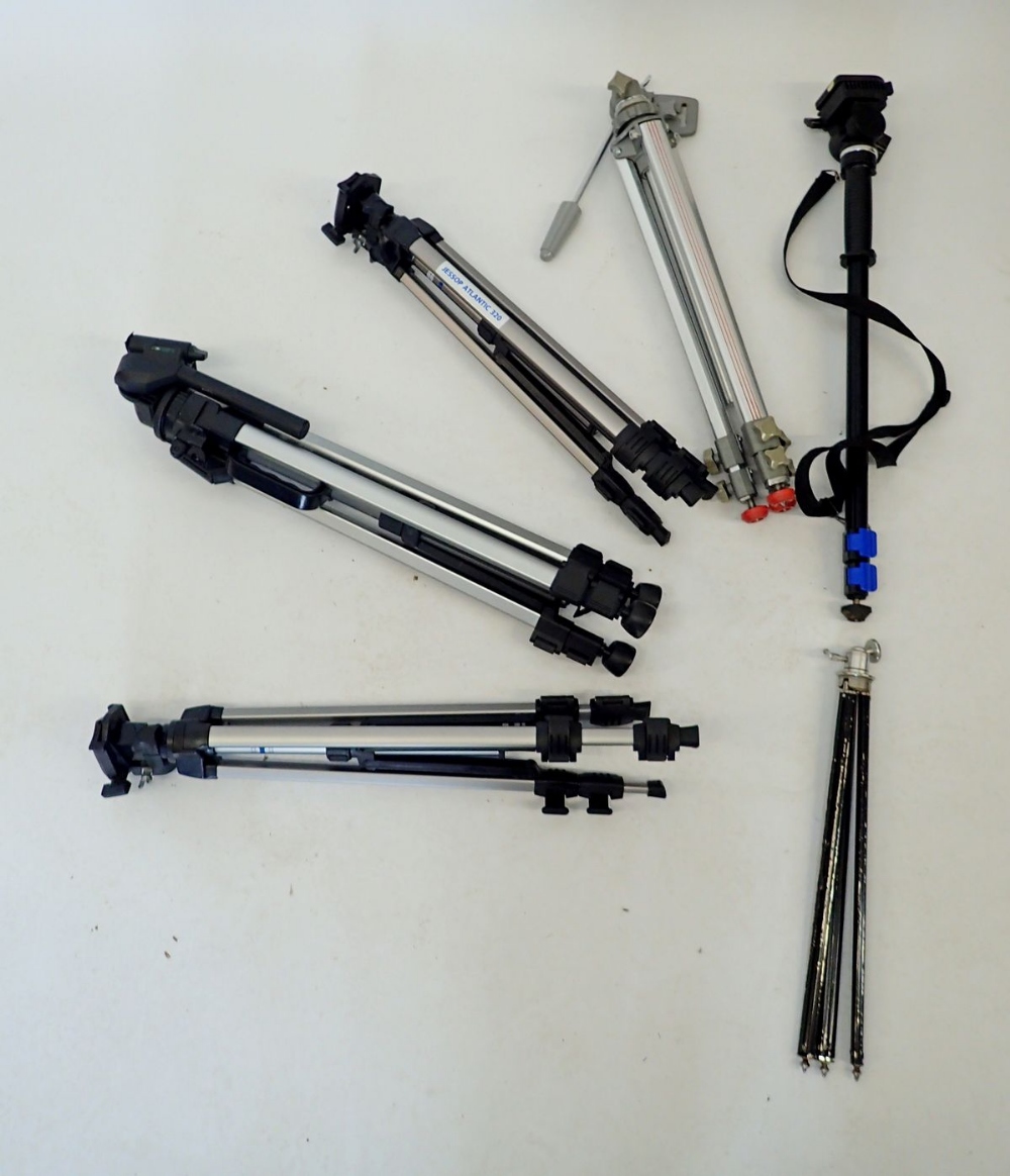 A group of six camera tripods