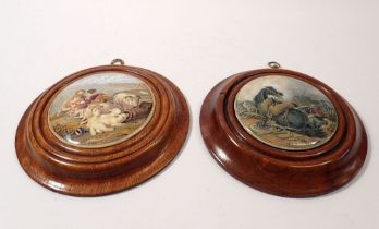Two Victorian pot lids Peace & War in mahogany frames, 17.5cm total diameter