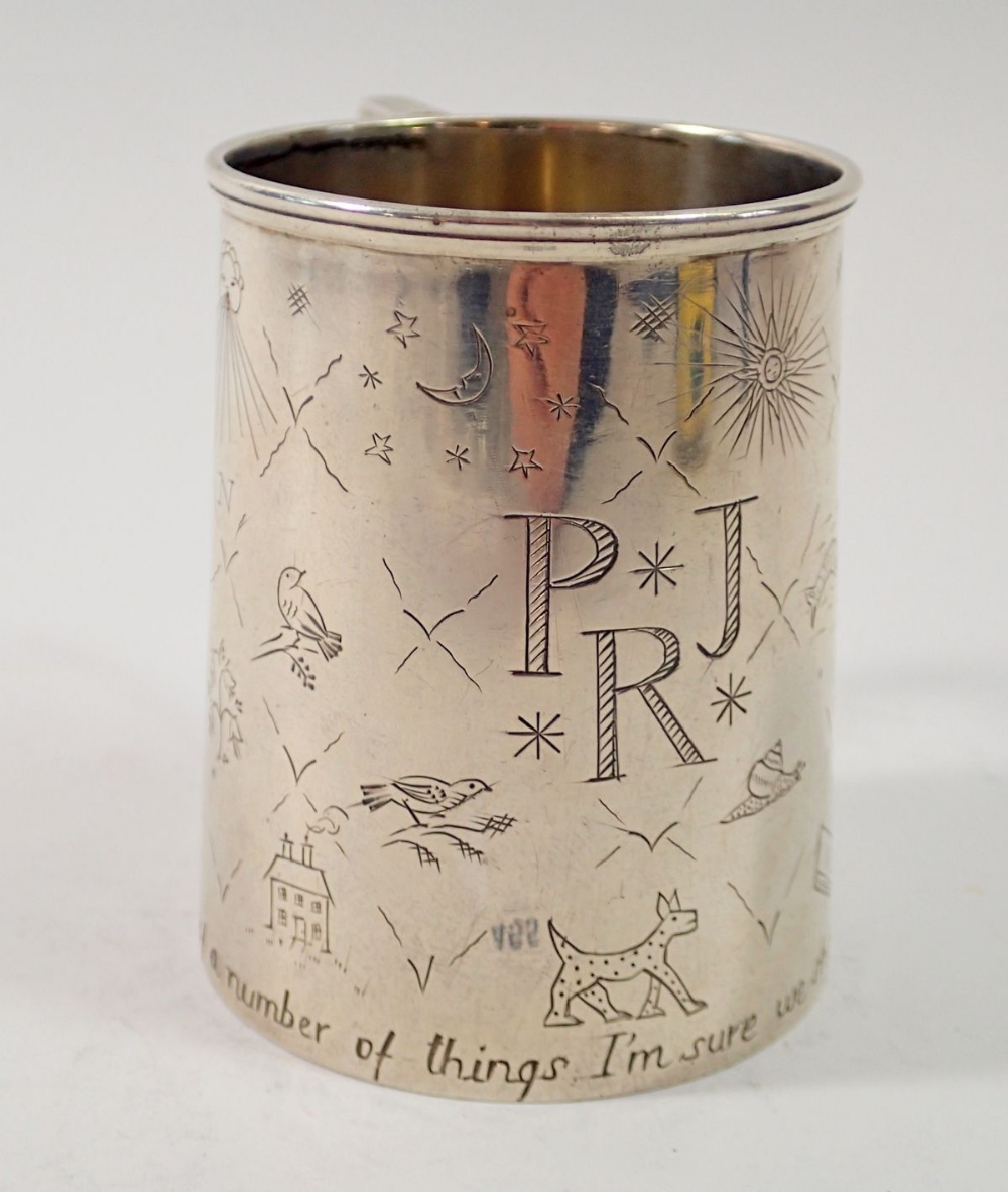 A silver christening mug with engraved scattered nursery motifs, by Robert Pringle & Sons, London