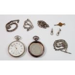 A silver pocket watch case with silver fob chain plus a silver plated Lip pocket watch and various