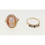 A 9 carat gold cameo ring, size J and a 9 carat gold ring set sapphires and diamonds, size G to H,