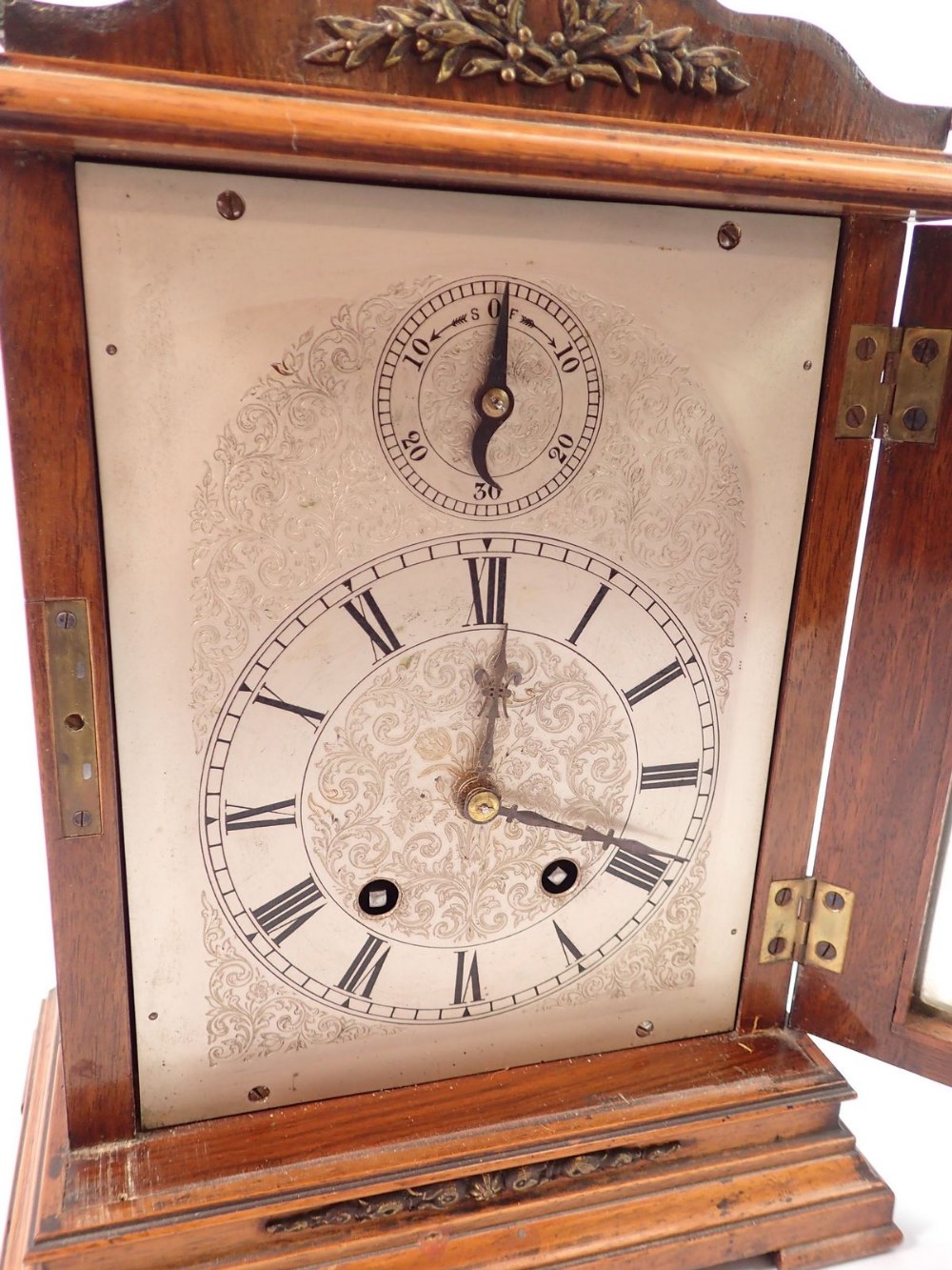 A late 19th century oak mantel clock with German movement marked Lenzkirch, the silvered face with - Image 2 of 3