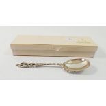 A decorative Danish silver spoon with decorative terminal, boxed