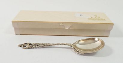 A decorative Danish silver spoon with decorative terminal, boxed