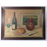 M Parsons - oil on canvas still life wine and loaf of bread, 38 x 54cm