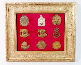 A framed display of British Colonial military cap badges including British Asian, African, American,
