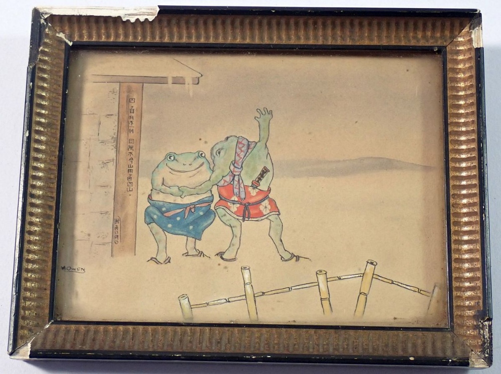 A Japanese watercolour depicting two toads, signed M Owen, 7.5 x 10cm