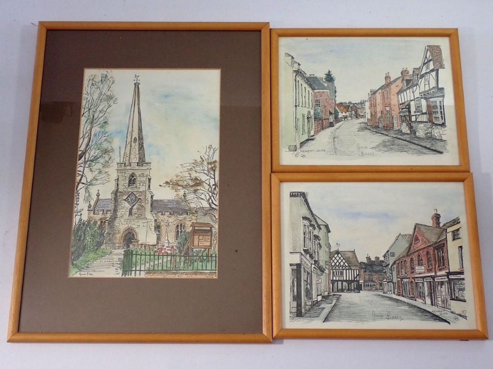 A Gina Brees watercolour and two prints of Newent, 30 x 20cm