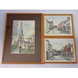A Gina Brees watercolour and two prints of Newent, 30 x 20cm