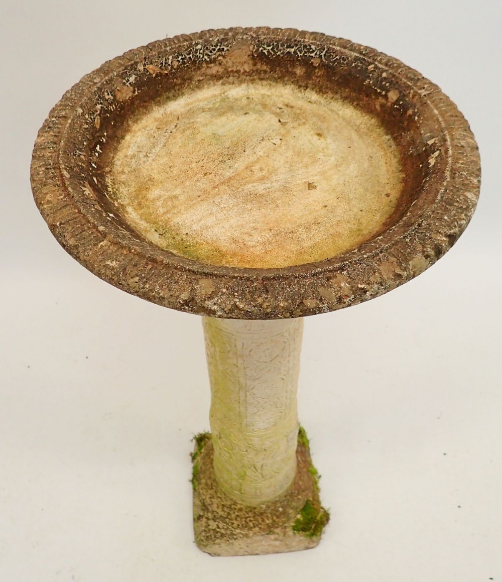 A reconstituted stoneware bird bath decorated classical maidens 77cm tall, the column older than the - Image 2 of 3